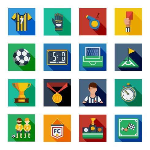 Conjunto de iconos de fútbol plano cuadrado vector