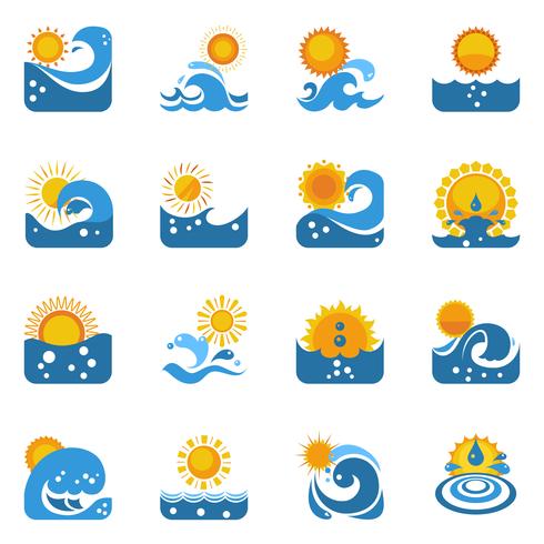 Blue Wave With Sun Icons Set vector