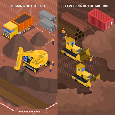 Construction Machinery Isometric Vertical Banners Set  vector