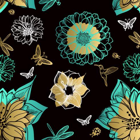 Flores de patrones sin fisuras, mariposas, colibríes, fondo negro. vector