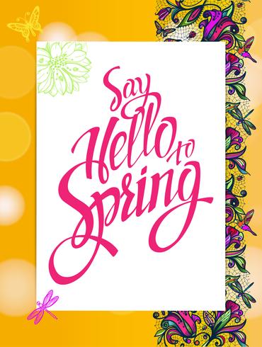 Yellow spring background with hummingbirds and butterflies. vector