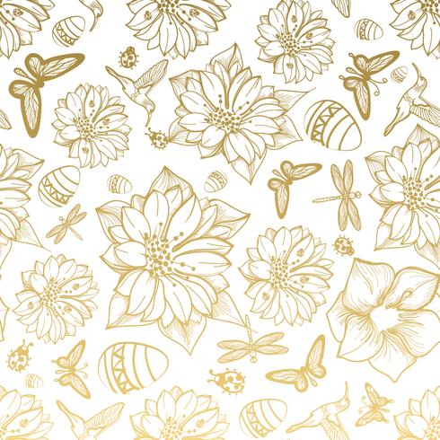 Seamless pattern flowers, egg, butterflies, hummingbirds, gold background.  vector