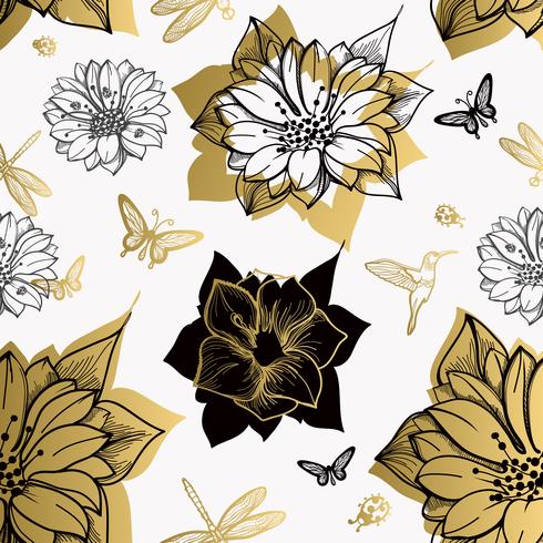 Seamless pattern flowers, butterflies, hummingbirds, white background. vector