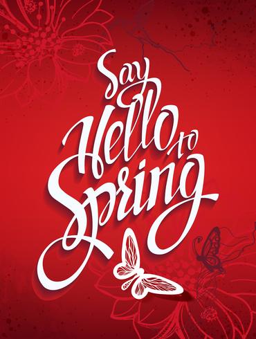 Red spring background with signs and hummingbirds and butterflies. vector