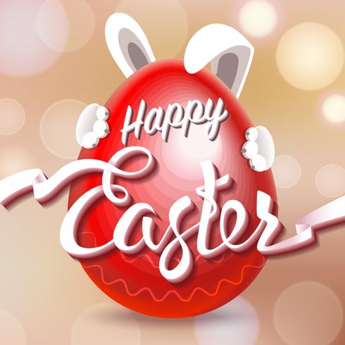 Happy Easter signs on red egg on bokeh lights background, tape letters, rabbit ears and paws vector