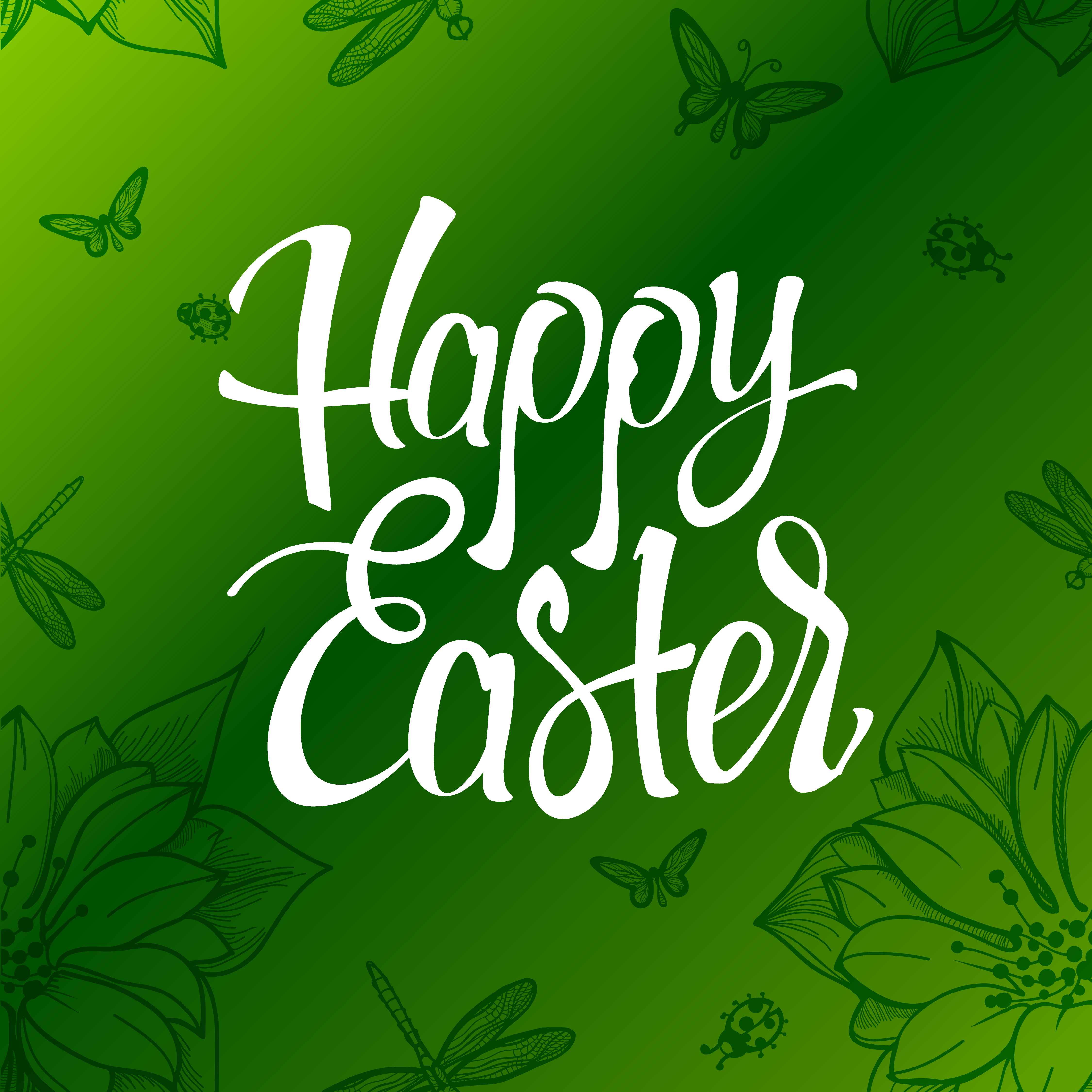 Happy Easter sign, symbol, logo on a green background with the flowers