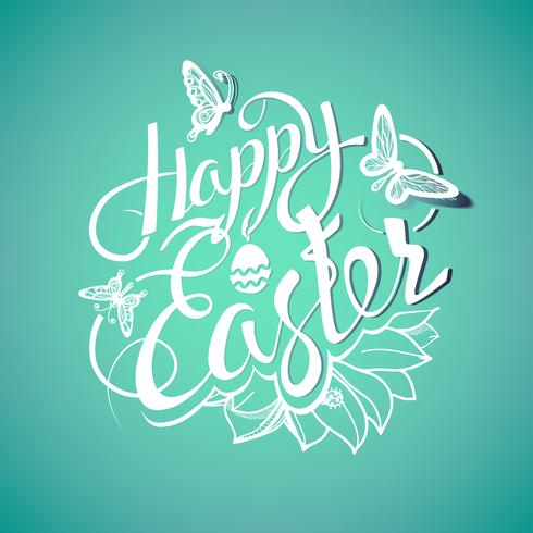 Muestra feliz de Pascua, símbolo, logotipo en un fondo verde con las flores. vector