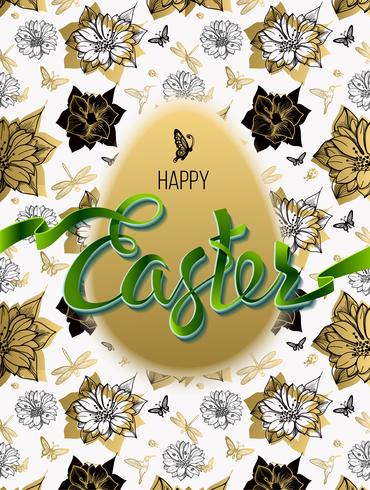 Happy Easter. Sign, symbol, logo on a seamless background with the flowers and egg.  vector