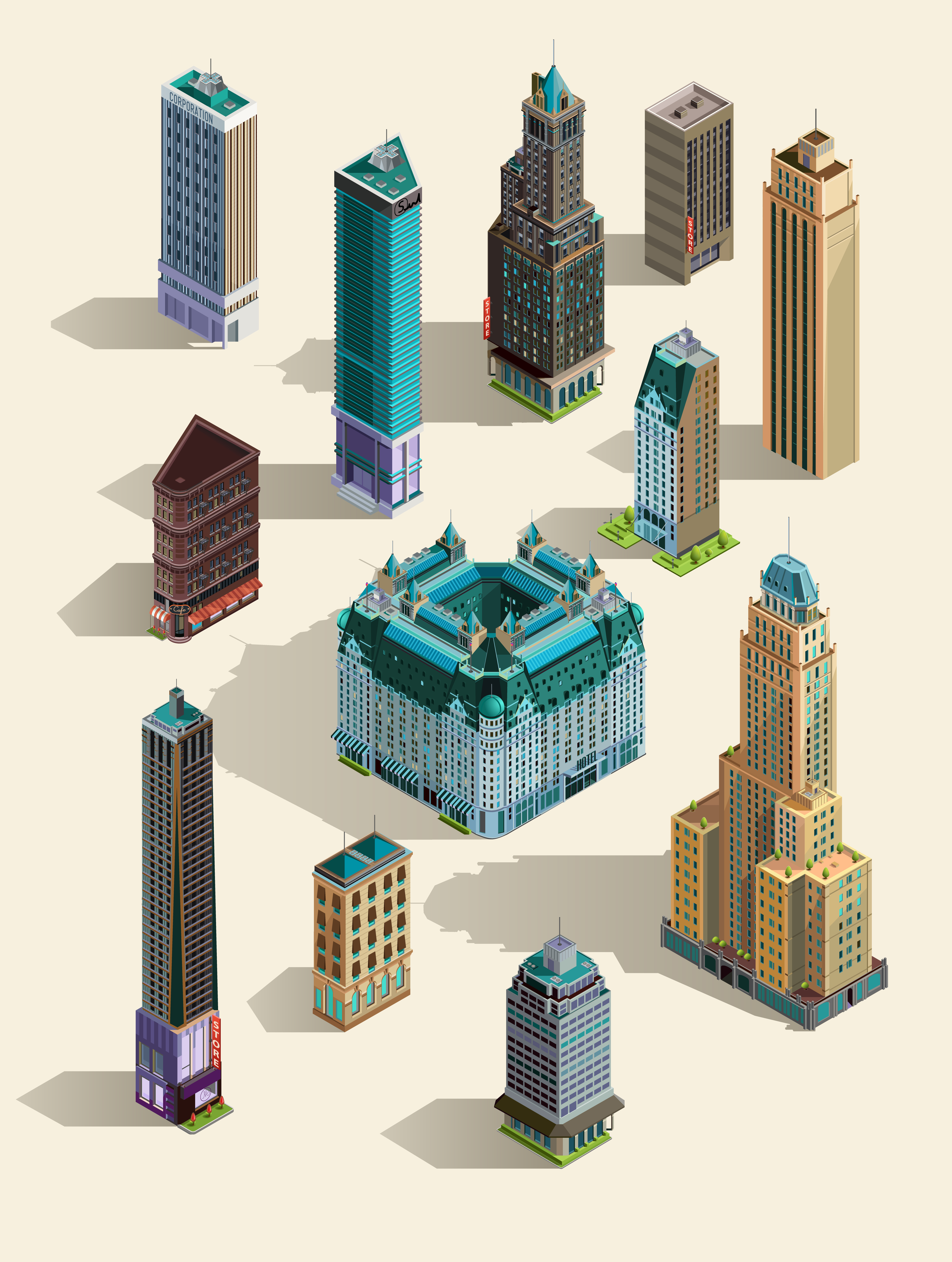 Download Isometric buildings. Set Isolated icon landmarks. 3d map ...