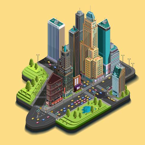 Vector isométrico de la ciudad mapa 3d, parte del distrito de rascacielos de iconos que consta de edificios, avenidas, intersecciones de calles.