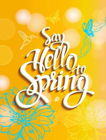 Yellow spring background with hummingbirds and butterflies. vector