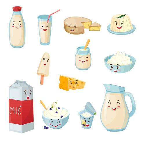 Milk Products With Smiles Cartoon Set vector