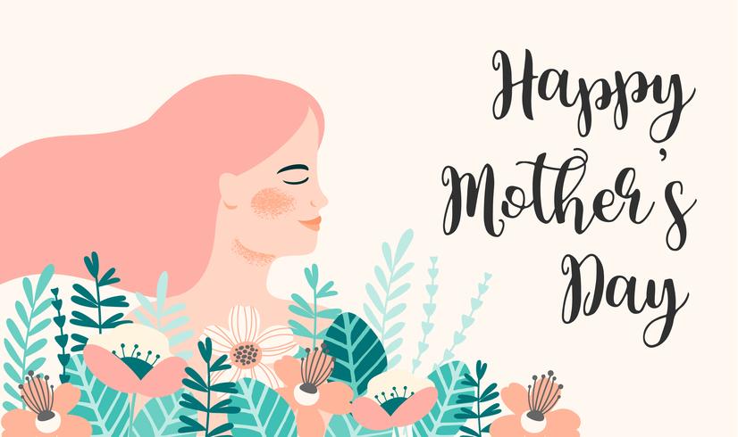Feliz día de la madre. Ilustración de vector con mujer y flores.