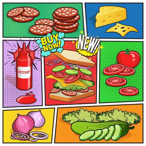 página de cómic publicidad sándwich vector