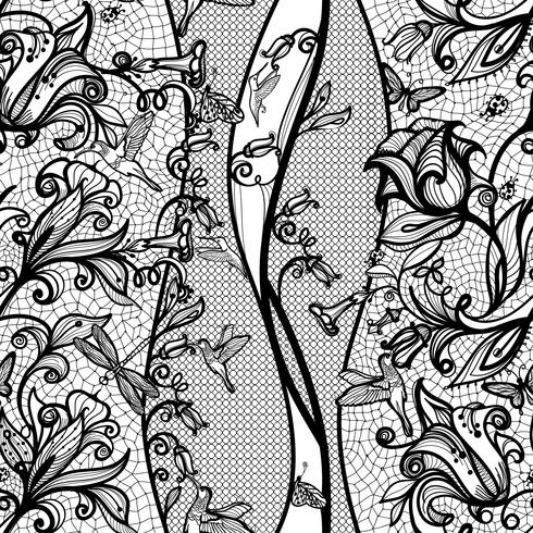 Abstract seamless lace pattern with flowers and butterflies. Infinitely wallpaper, decoration for your design, lingerie and jewelry. vector