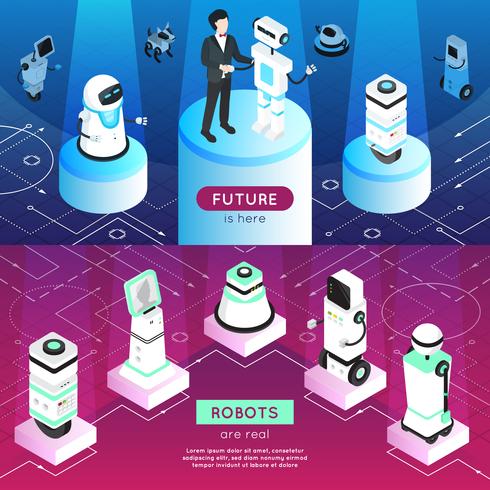 Robots Horizontal Isometric Banners vector