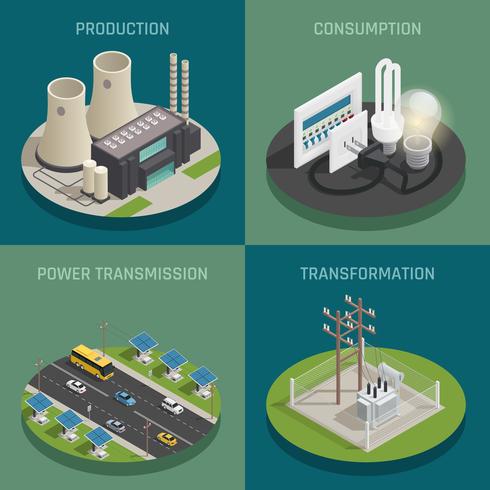 Iconos isométricos de energía eléctrica 4 vector