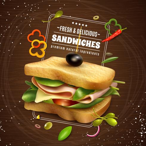 Fresh Sandwich Wooden Background Advertisement Poster vector