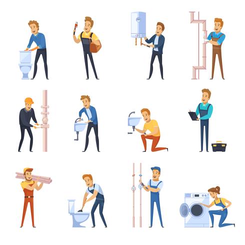 Working Plumbers Flat Color Icons Set vector