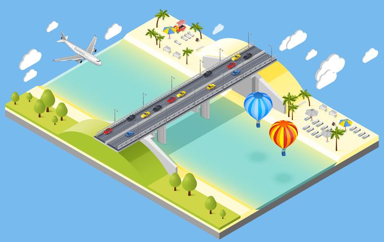 Ilustración de puente y playa resort vector