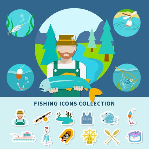 Fondo de colección de iconos de pesca vector
