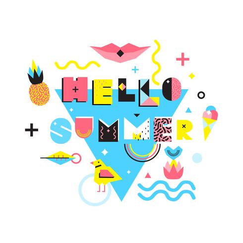 Hola verano Memphis estilo ilustración vector