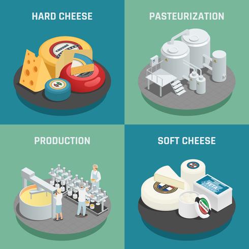 Concepto isométrico de los iconos de la producción del queso vector