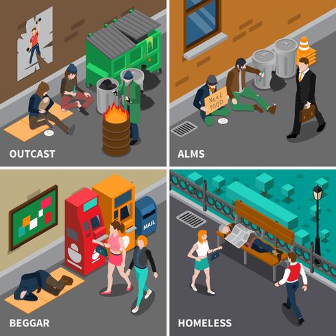 Homeless People Isometric Design Concept vector