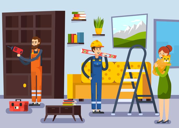 Home Renovation Workmen Flat Poster vector