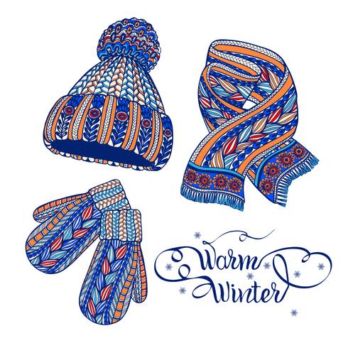 Warm hat mittens scarf color doodle  vector