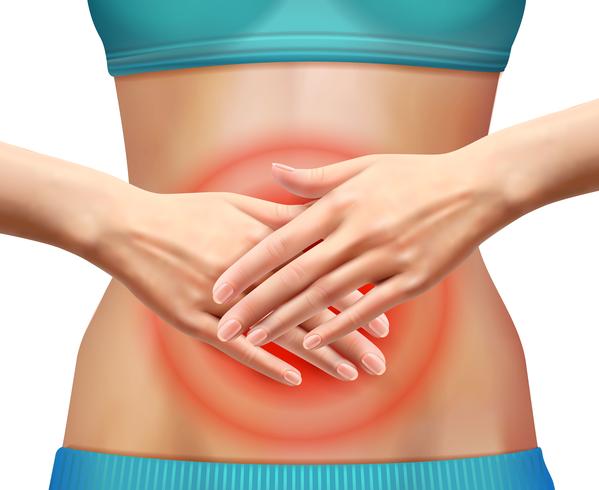 Mujer realista dolor abdominal vector