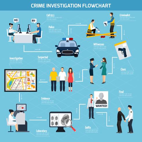 Diagrama de flujo plano de la investigación del crimen vector