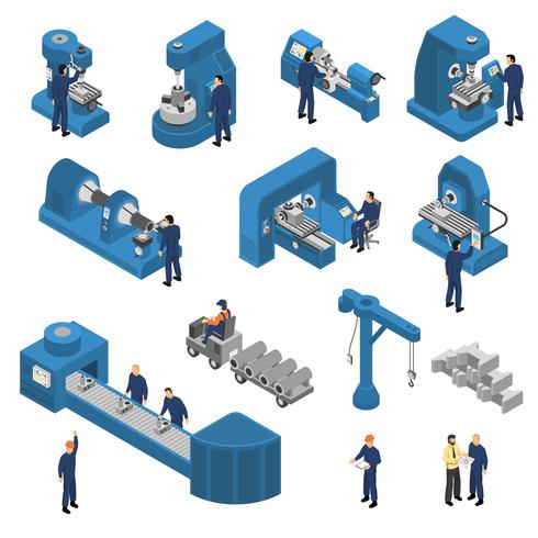 Machine Tools With Workers Isometric Set vector