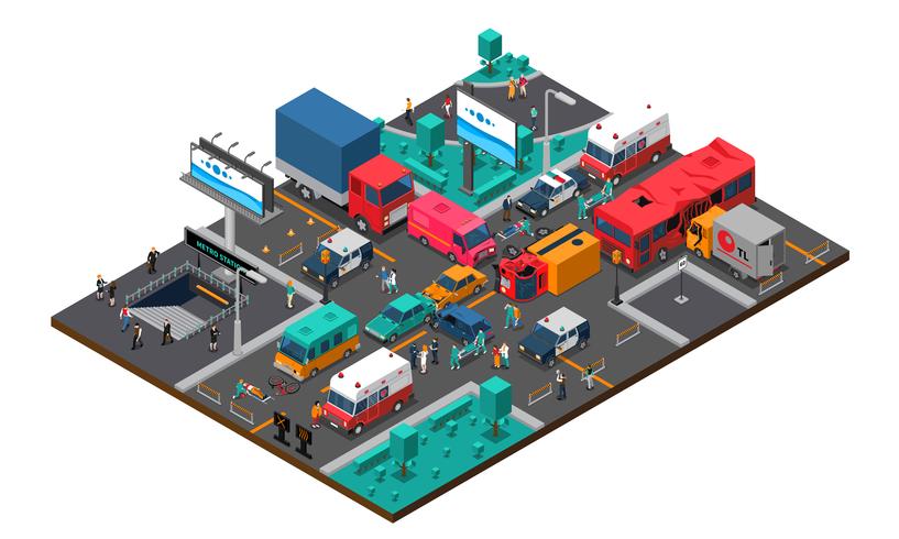 Accident On Crossroad Isometric Illustration vector