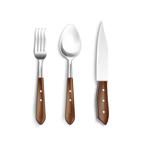 Cutlery With Wooden Handle Realistic Set vector