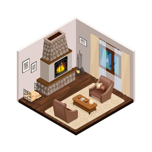 Lounge Isometric Interior With Fireplace vector