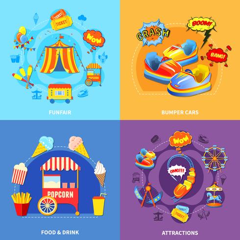 Amusement park 4 flat icons square vector