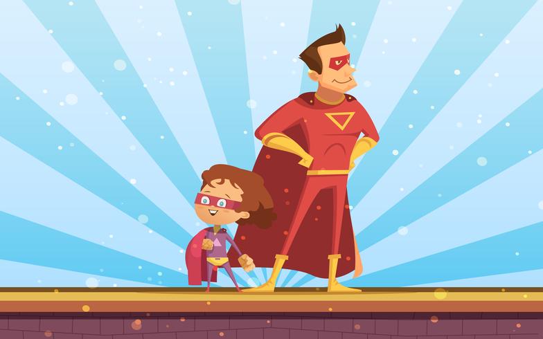 Couple Of Adult And Child Cartoon Superheroes vector