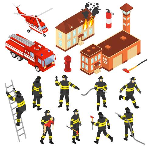 Conjunto de iconos de cuerpo de bomberos isométrica vector