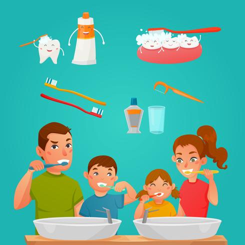 Young Family Brushing Teeth Together  vector