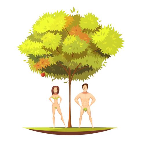 Adam Eve Under Apple Tree Cartoon Illustration  vector