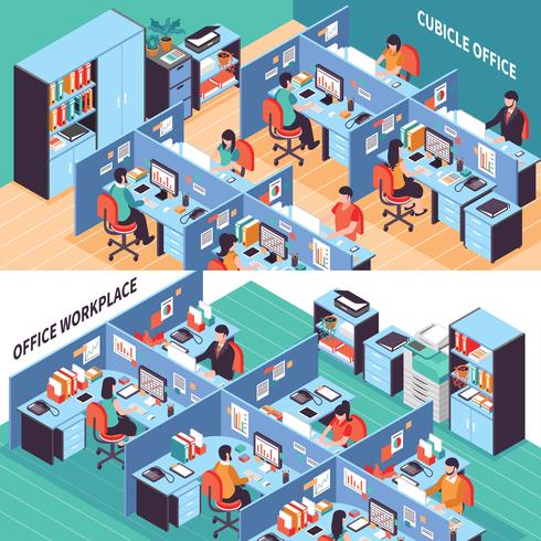 People In Office Cubicles Isometric Banners   vector