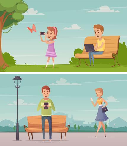 People With Gadgets Outdoor Compositions vector