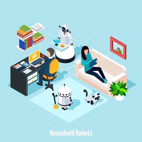 Household Robots Isometric Composition vector