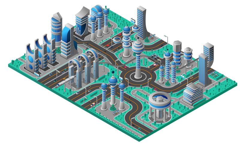 Composición isométrica de la ciudad futura vector