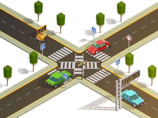 Vista isométrica de la navegación del tráfico de la intersección de la ciudad vector