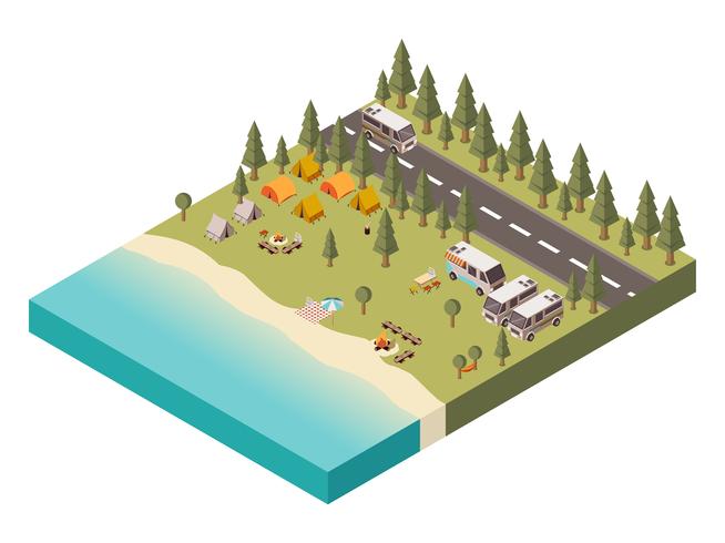 Camping con carretera ilustración isométrica vector