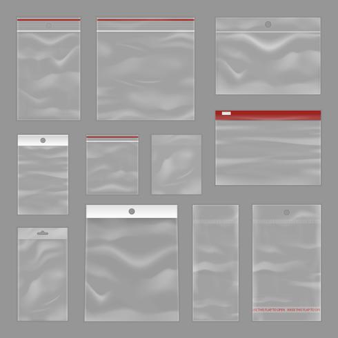 ClearTransparent Zip Bags Realistic Set vector