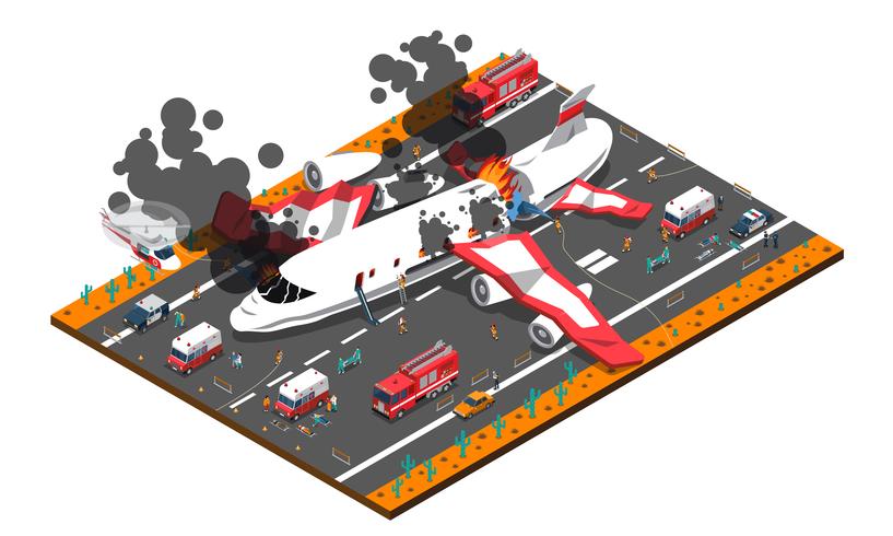 Accidente de avión de composición isométrica vector