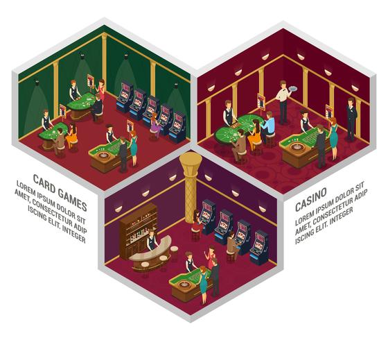 Tres composiciones interiores isométricas de casino vector